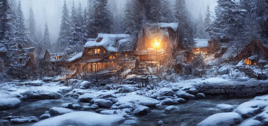 Image similar to cozy lodge beside a river stream in the canadian wilderness in winter, dramatic lighting, cinematic, establishing shot, extremely high detail, photo realistic, cinematic lighting, post processed, concept art, artstation, matte painting, style by eddie mendoza, raphael lacoste, alex ross