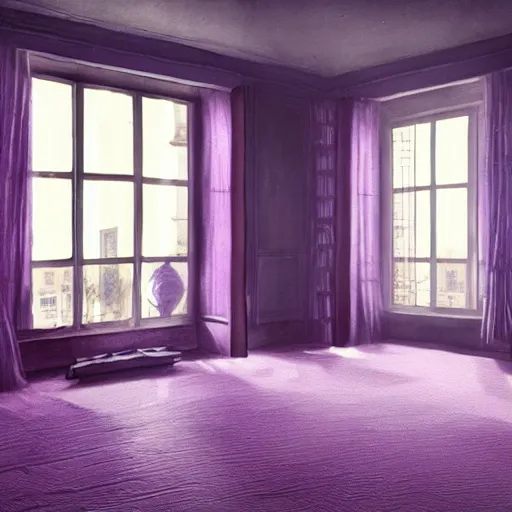 Prompt: interior of an apartment with purple carpeting and large windows, matte painting by sylvain surrailh, greg rutkowski, artstation