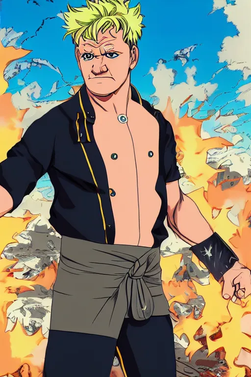 Image similar to Gordon Ramsay as a Jojo's Bizarre Adventure character, digital art by Hirohiko Araki