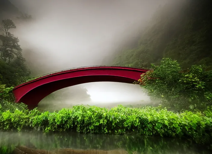 Image similar to an emerald bridge over a river of red wine. highly detailed. mythical. magical. mist. foggy. 4k. 800 iso.