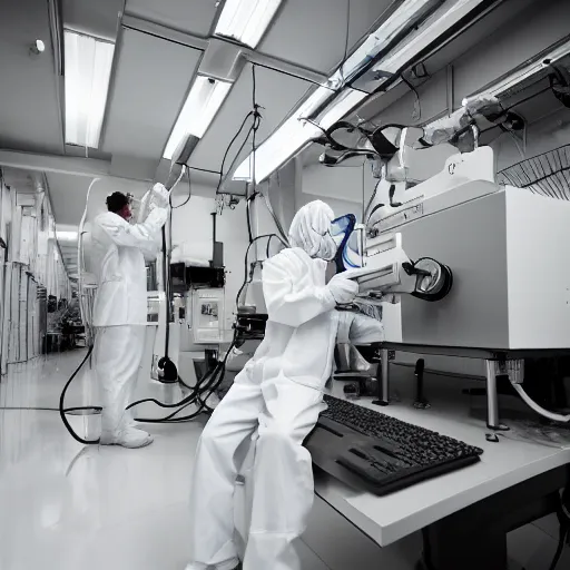 Prompt: scientist working with an electron microscope in a clean room, photography