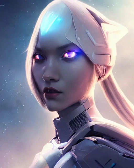 Image similar to perfect android girl on a mothership, warframe armor, beautiful face, scifi, futuristic, galaxy, nebula, raytracing, dreamy, long white hair, blue cyborg eyes, sharp focus, cinematic lighting, highly detailed, artstation, divine, by gauthier leblanc, kazuya takahashi, huifeng huang