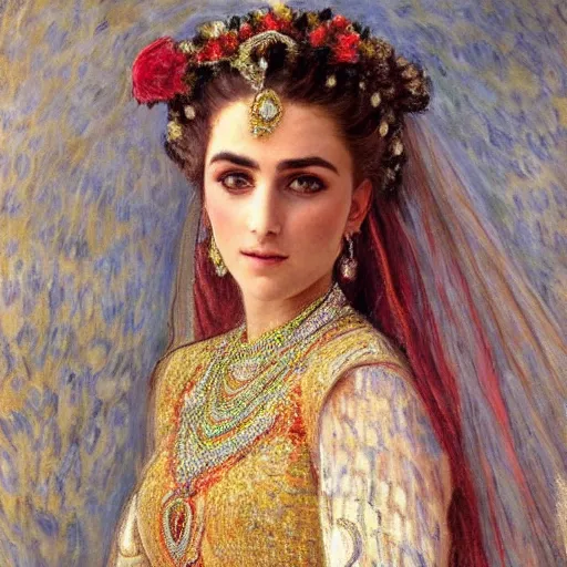 Image similar to full body portrait of a beautiful Kurdish bride wearing a beautiful wedding dress, very detailed eyes, hyperrealistic, beautiful and symmetrical face, very detailed painting by Claude Monet and Alphonse Mucha, ornate, trending on artstation, extremely high detail, incredibly intricate