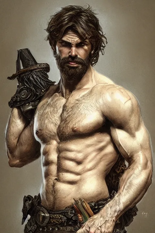 Image similar to portrait of a rugged ranger, muscular, upper body, hairy torso, D&D, fantasy, intricate, elegant, highly detailed, digital painting, artstation, concept art, matte, sharp focus, illustration, art by Artgerm and Greg Rutkowski and Alphonse Mucha