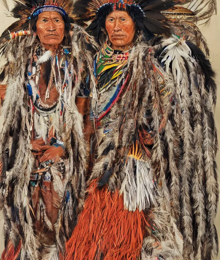 Image similar to full body shot picture of indigenous people, painted by lucian freud, intricate costume design, beautiful feathers, hd, super detailed, realistic, vivid, inspiring