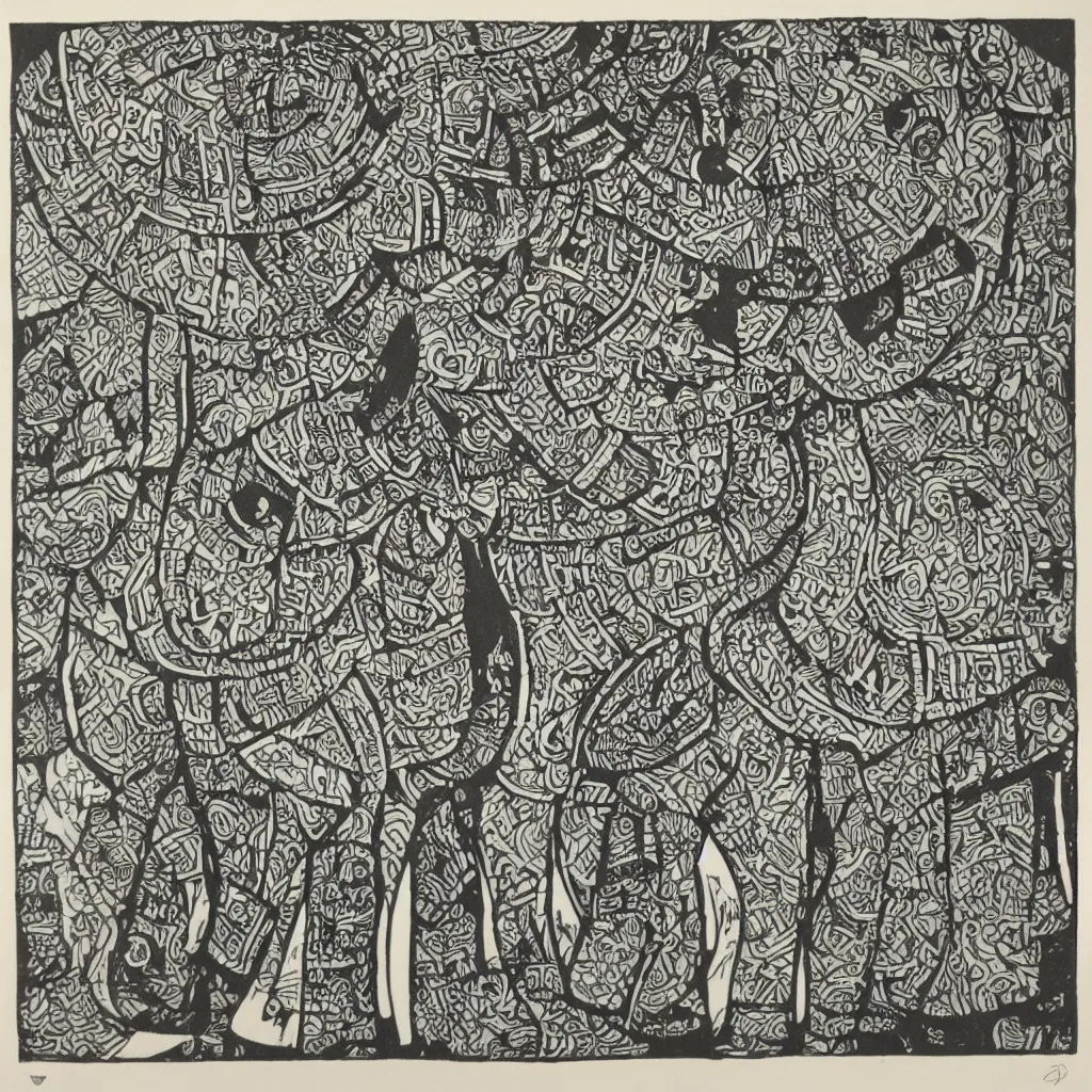 Image similar to block print, cubist style, simple, colored elephant art