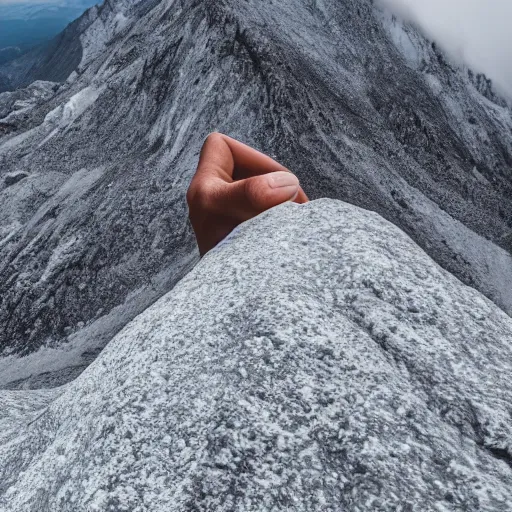 Image similar to Hand holding a mountain while being on a mountain, 40nm lens, close, 4k