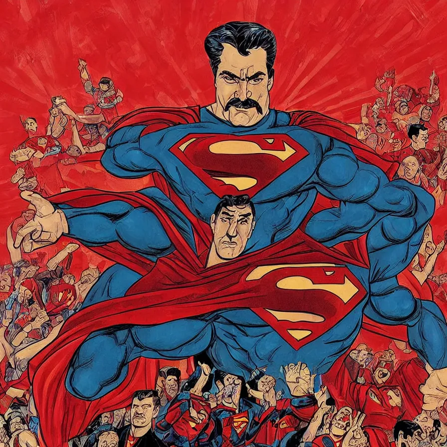 Image similar to epic comic book cover of stalin as superman floating over the red square ( moscow ), red banners, soviet nostalgia, socialist realism, aesthetically pleasing, finely detailed facial features, hyperrealist, intricate digital art, trending artstation, artgem, rich moody colors, fan art, concept art, in the style of the red son, by cory walker and ryan ottley