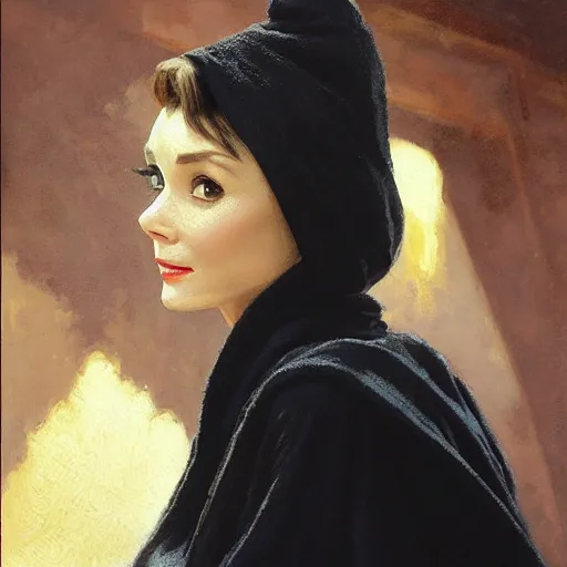 Image similar to detailed realistic cinematic wide shot of beautiful attractive audrey hepburn vampire woman wearing black bath robe slim face symettrical face clean skin black eyes black robe smooth, sharp focus, ultra realistic, spring light, painting by gaston bussiere, craig mullins, j. c. leyendecker