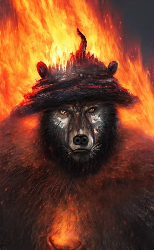 Image similar to portrait of a bear beast - man wearing a turban, with fire in his eyes, wear bloodborne, concept art trending on artstation photorealistic image 8 k