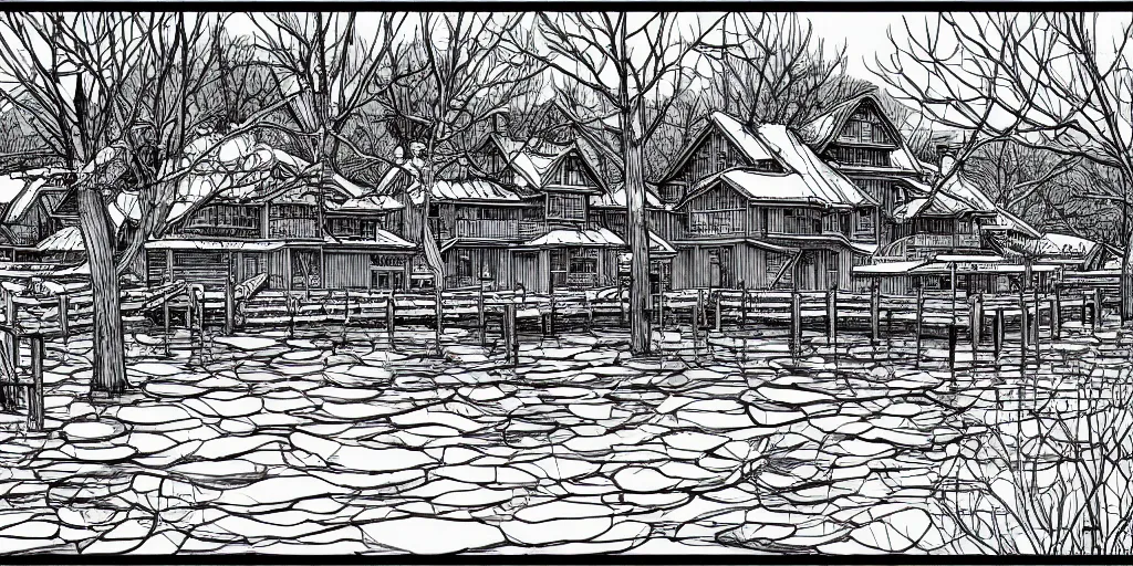 Image similar to line art of a lakehouse in the winter, manga panel, high detail,