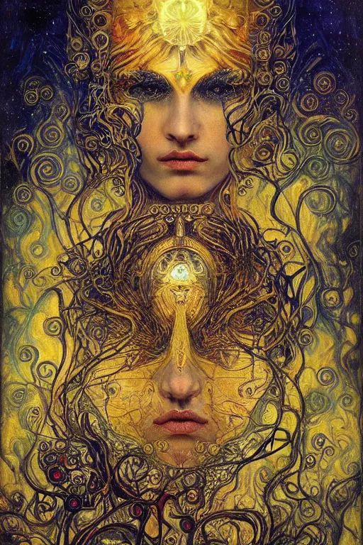 Image similar to Divine Chaos Engine by Karol Bak, Jean Deville, Gustav Klimt, and Vincent Van Gogh, beautiful visionary mystical portrait, sacred, otherworldly, fractal structures, surreal dreamscape, ornate gilded medieval icon, third eye, spirals