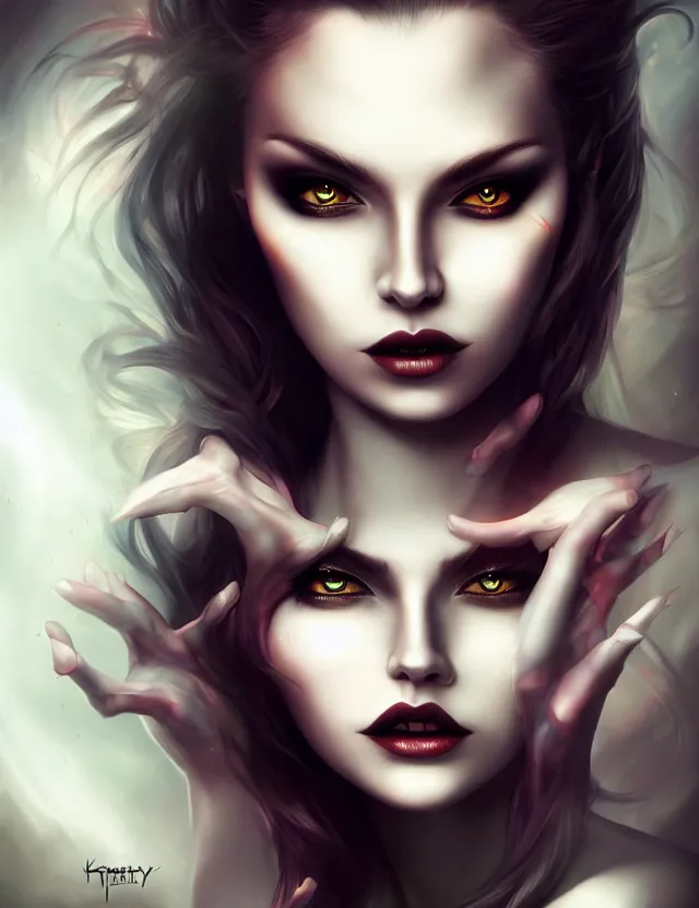 Prompt: highly detailed airbrushed full body shot and vampire beauty face portrait, dynamic lighting, ambient lighting, deviantart, art by artgerm, simon beasley and karol buck