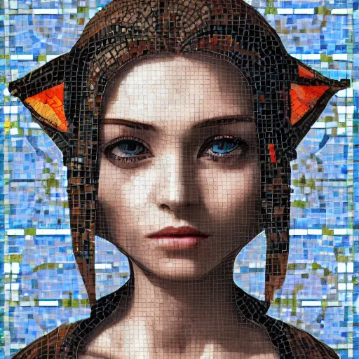 Prompt: mosaic portrait of a beautiful cute girl with robot ears by Saimir Strati, 4k, intricate details, digital, Serial Experiments Lain