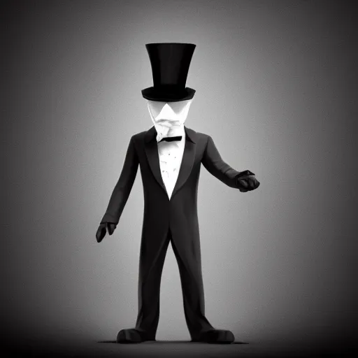 Prompt: a stylized image of a man in a top hat, a 3D render by Arent Arentsz, deviantart contest winner, altermodern, black background, goth, dark