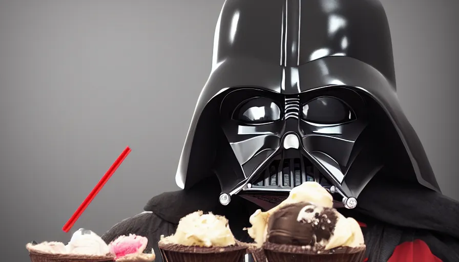 Image similar to darth vader with a birthday - hat eats icecream, photorealistic rendering, hyperdetailed, octane, redshift, atmospheric lighting, cinematic composition, wallpaper