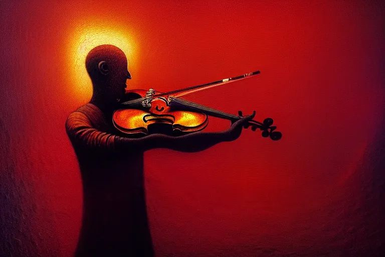 Prompt: abstract tech concept of the mystery musician with colored smoke playing a violin, in the style of rafał olbinski, in the style of beksinski, intricate and epic composition, red by caravaggio, insanely quality, highly detailed, masterpiece, purple light, artstation, 4 k