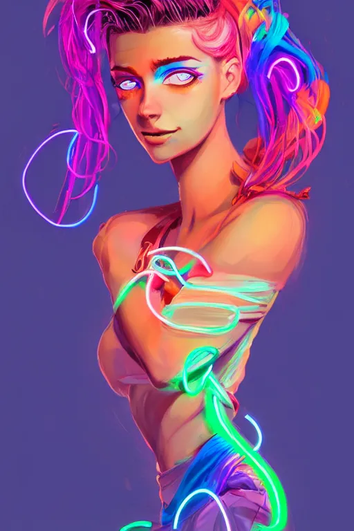 Prompt: a award winning portrait of a beautiful woman with stunning eyes in a one off shoulder croptop and cargo pants with rainbow colored hair, outlined by whirling illuminated neon lines and fine lines swirling in circles by jesper ejsing and rhads and makoto and shinkai and lois van baarle, digital art, trending on artstation