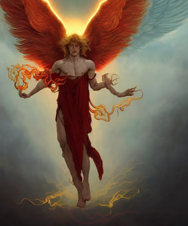 Image similar to symmetrical fullbody portrait of a beautiful young fit male angel with curly blond hairs, full dressed in long fluent red clothes, majestic big demon wings, luminous fire halo, by greg rutkowski and alphonse mucha, gradient white to gold, in front of an hellish background, highly detailed portrait, digital painting, artstation, concept art, smooth, sharp focus illustration