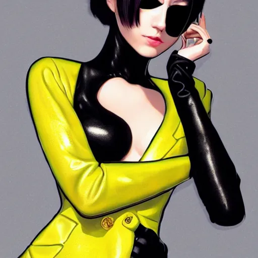 Image similar to slim girl in yellow snake skin tuxedo and black leather gloves with short black hair and with black eye patch, elegant, 2d, ultra highly detailed, digital painting, smooth, sharp focus, artstation, art by Ilya Kuvshinov