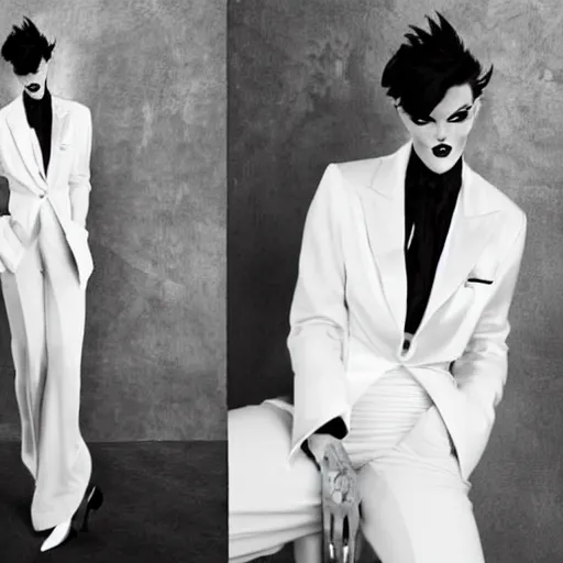 Image similar to beautiful portrait of androgynous ruby rose as desire from sandman in a white tuxedo!!!, rockabilly style, by peter lindbergh, by alphonse mucha, cedric peyravernay, by jeremy mann, by frank moth, white suit and black tie, soft lightning, high detailed, 8 k