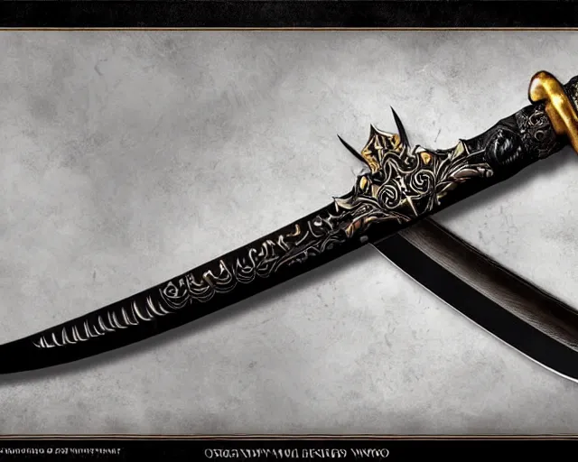 Image similar to legendary sword, digital award winning hd matte painting, intimate dark moody, intricate, long sharp black and iridescent blade, ornate spikes, colorful hilt, detailed realistic, raytraced blade, colored gems, golden pommel, in the style of greg rutkowski and krenz cushart, trending on artstation and deviantart