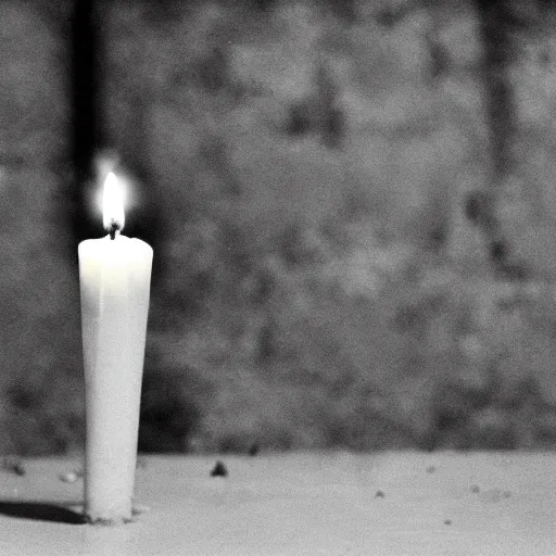 Prompt: Birthday white cake with burning candles in a empty abandoned pitch black jail cell - vintage grayscale camera, film grain, compressed jpeg