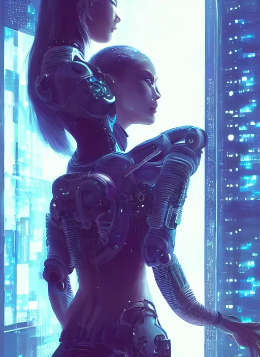 Image similar to art by ross tran, full body portrait of cyberpunk woman looking out of a window, cyberpunk setting, futuristic, highly detailed, intricate lighting, digital painting, sharp focus, illustration, cinematic, trending on artstation, by anna dittmann, karol bak, charlie bowater.