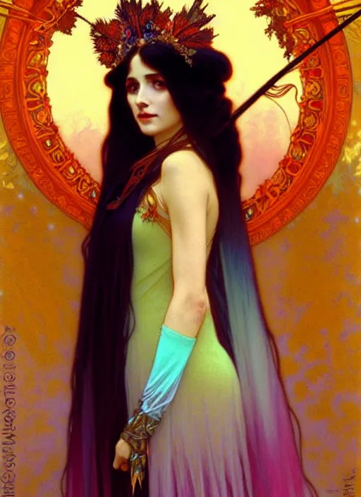 Image similar to ombre velvet gown, feathers, vivid colors, lovely dark autumn princess, portrait, long hair, tiara, jeweled choker, by alphonse mucha, brom, greg rutkowski, anato finnstark