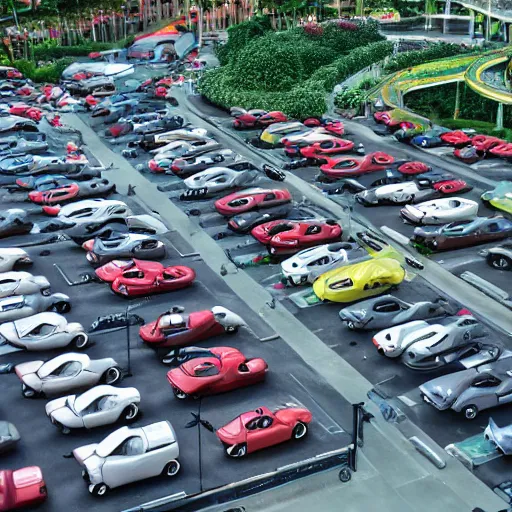 Image similar to large group of cars parking at garden by the bay in Singapore, photorealistic, ultra-detailed, high resolution