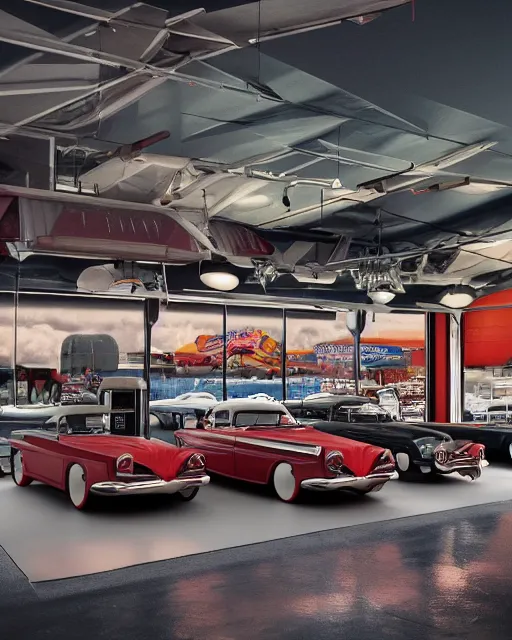 Prompt: indoors of car show pavilion with great cars of 1950s with stages like drive in and gas station, volumetric lighting, 1950s palette, hyper realism, high detail, octane render, high contrast , 8k