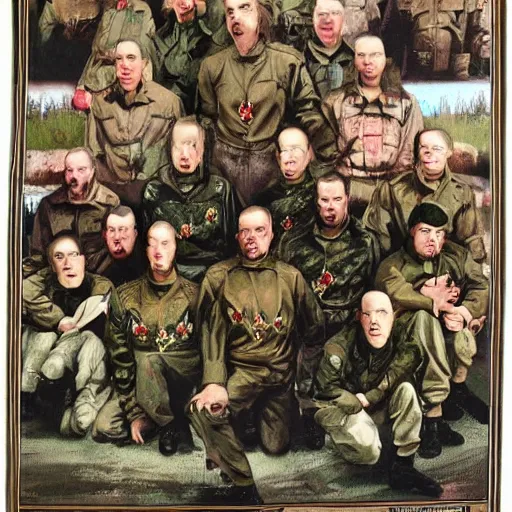 Image similar to wagner russian military force exorcism group photo - realistic, color image, 2 k, highly detailed, occult art