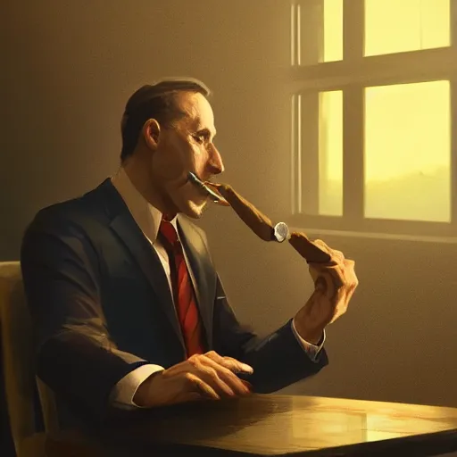 Image similar to a dog wearing a business suit smoking a cigar, dramatic lighting, cinematic, establishing shot, extremly high detail, photorealistic, cinematic lighting, concept art, artstation, style by greg rutkowsky