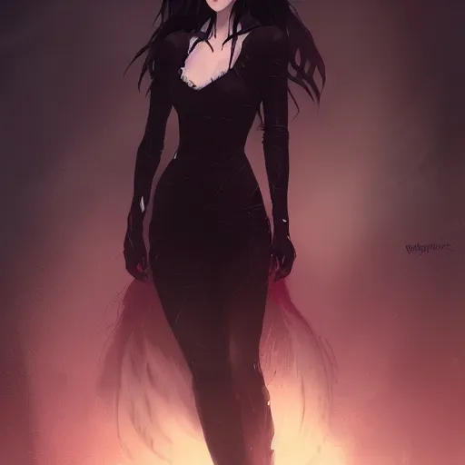 Image similar to female human vampire witch in the style of greg rutkowski, makoto shinkai, trending on artstation, character design, concept art, pretty face, highly detailed, long black hair, portrait, digital art