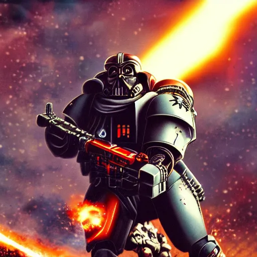 Image similar to space marine from warhammer 40000 in the style of Darth Vader from star wars, realism, against the background of the battlefield, depth of field, focus on darth vader,