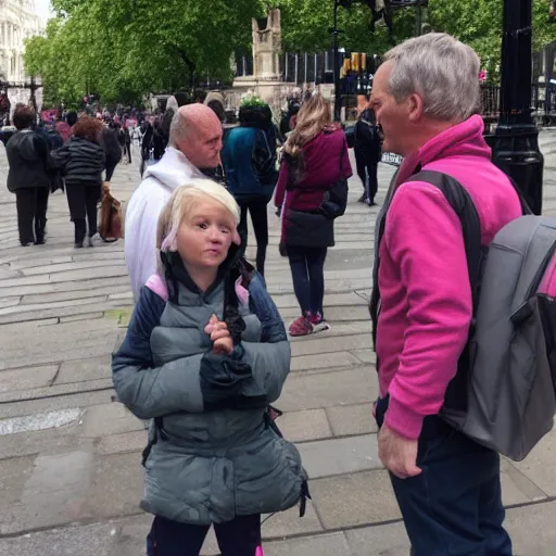 Prompt: a middle aged white man sees every tourist sight in london whilst two exhausted younger people pay for everything