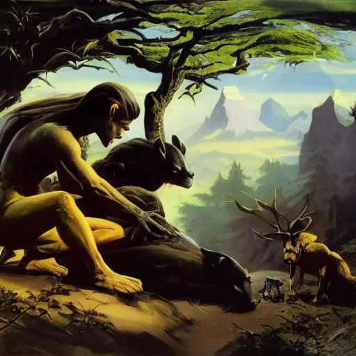 Image similar to eternal friendship and rest of the animals of the forest by Frank Frazetta, 8k resolution