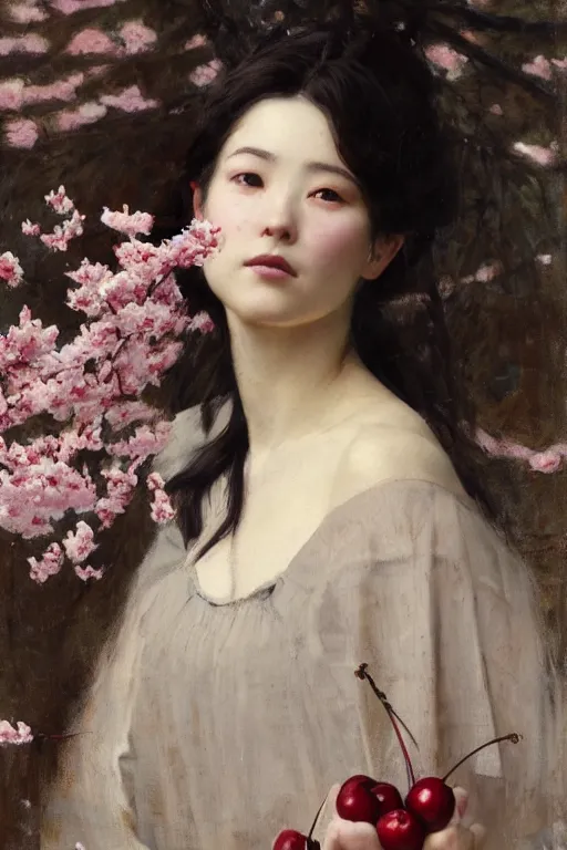 Image similar to Solomon Joseph Solomon and Richard Schmid and Jeremy Lipking victorian genre painting full length portrait painting of a young beautiful woman from japan with cherry blossoms and cherry trees