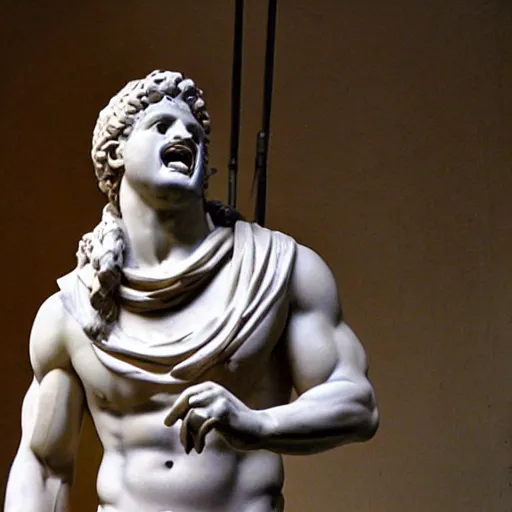 Image similar to roman sculpture of zeus singing karaoke