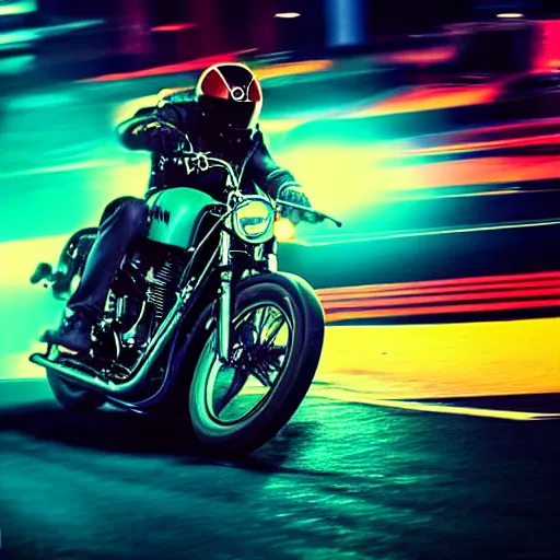 Prompt: grainy album cover of a racing on a Yamaha XV950/R in front of glowing neon signs at night, motion blur, dual tone lighting, chromatic aberration, atmospheric