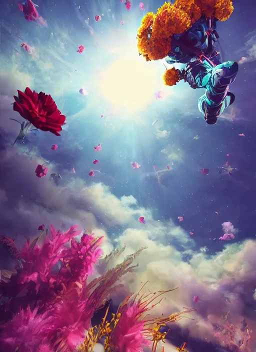 Image similar to An epic fantastic realism comic book style painting of the most beautiful flowers launched into space, bouquets, fisheye lens, unreal 5, DAZ, hyperrealistic, stars in the night sky, octane render, dynamic lighting