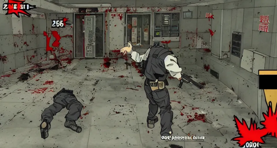 Image similar to 1995 Video Game screenshot for Akira style Anime Neo-tokyo Cyborg bank robbers vs police, Set inside of the Bank, Open Bank Vault, Multiplayer set-piece Ambush, Tactical Squads :10, Police officers under heavy fire, Suppressive fire, Pinned down, Destructible Enviorments, Gunshots, Bullet Holes and Anime Blood Splatter, :10 Gas Grenades, Riot Shields, MP5, AK45, MP7, P90, Chaos, Anime Machine Gun Fire, Gunplay, Shootout, :14 FLCL + Gunblade NY + Dynamite Cop, Cel Shaded:15, Created by Katsuhiro Otomo + Studio Gainax: 20