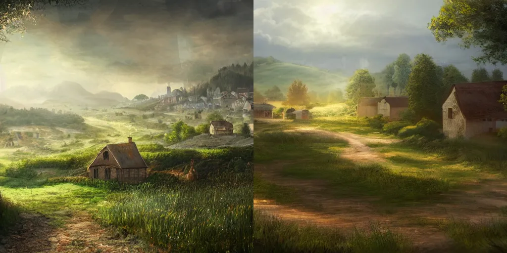 Prompt: Landscape concept art of countryside with a town in the distance. Digital art, Detailed, realistic, UHD