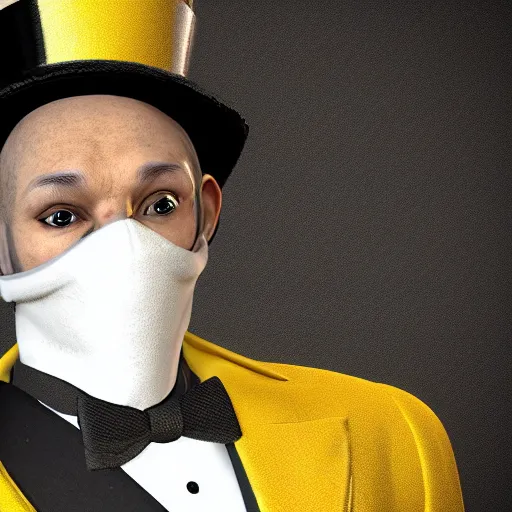 Image similar to a highly detailed portrait of a man in a high top hat covering his face, in a black tailcoat with a yellow waistcoat under the tailcoat, artstation, deviantart, professional, unreal engine 5, photorealistic