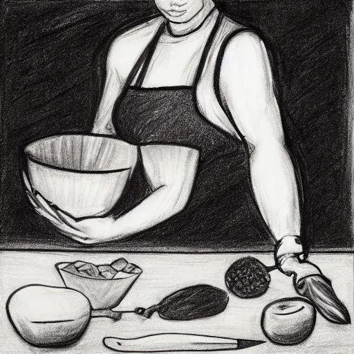 Image similar to charcoal action - drawing of a woman cooking, chopping vegetables, dramatic