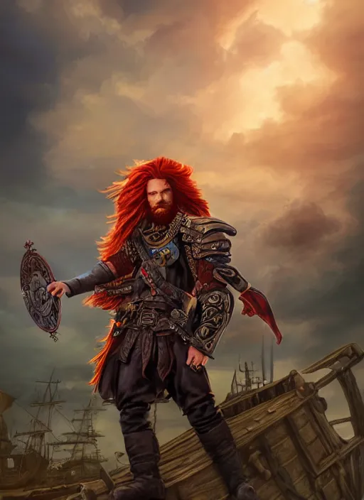 Image similar to An epic fantasy comic book style portrait painting of a long haired, red headed male sky-pirate in front of an sky-ship in the style of the wheel of time, unreal 5, DAZ, hyperrealistic, octane render, cosplay, RPG portrait, dynamic lighting