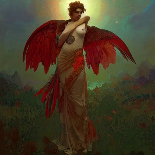 Prompt: the solarpunk phoenix, red bird, regeneration, landscape, epic composition, 8 k, volumetric light, bokeh, painting by greg rutkowski by alphonse mucha