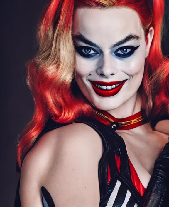 Prompt: margot robbie modeling as harley quinn, professional photograph