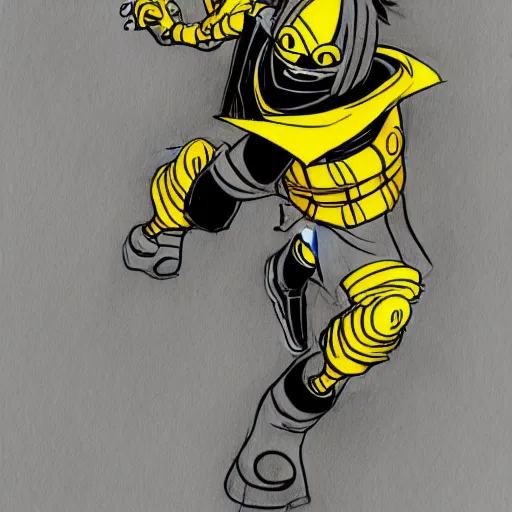 Prompt: a drawing of a cartoon character in yellow and black, concept art by Akira Toriyama, pixiv, neogeo, toonami, dynamic pose, official art