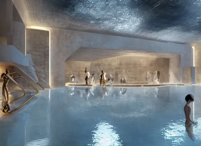 Image similar to modern chic futuristic onsen (Japanese bath house) with gold intricate luxurious details at Pamukkale, thermal waters flowing down white travertine terraces, dozen beautiful women wearing sweet dresses, ethereal anf dreamy, intricate, elegant, luxurious, digital painting, concept art, smooth, sharp focus, from Star Trek 2021, illustration, by WLOP and Ruan Jia and Mandy Jurgens and William-Adolphe Bouguereau, Artgerm